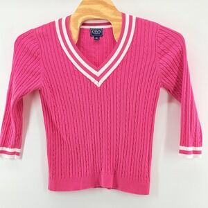 Chaps Classics Sweater Womens Large Cable Knit V Neck Pullover Preppy Stripe